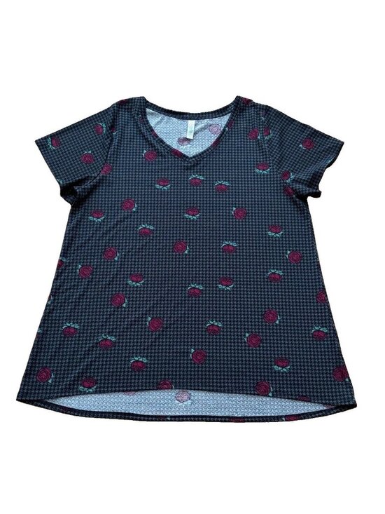 LuLaRoe Tops - LuLaRoe CHRISTY T T-shirt Size 3XL Black Houndstooth Red Roses Short Sleeves